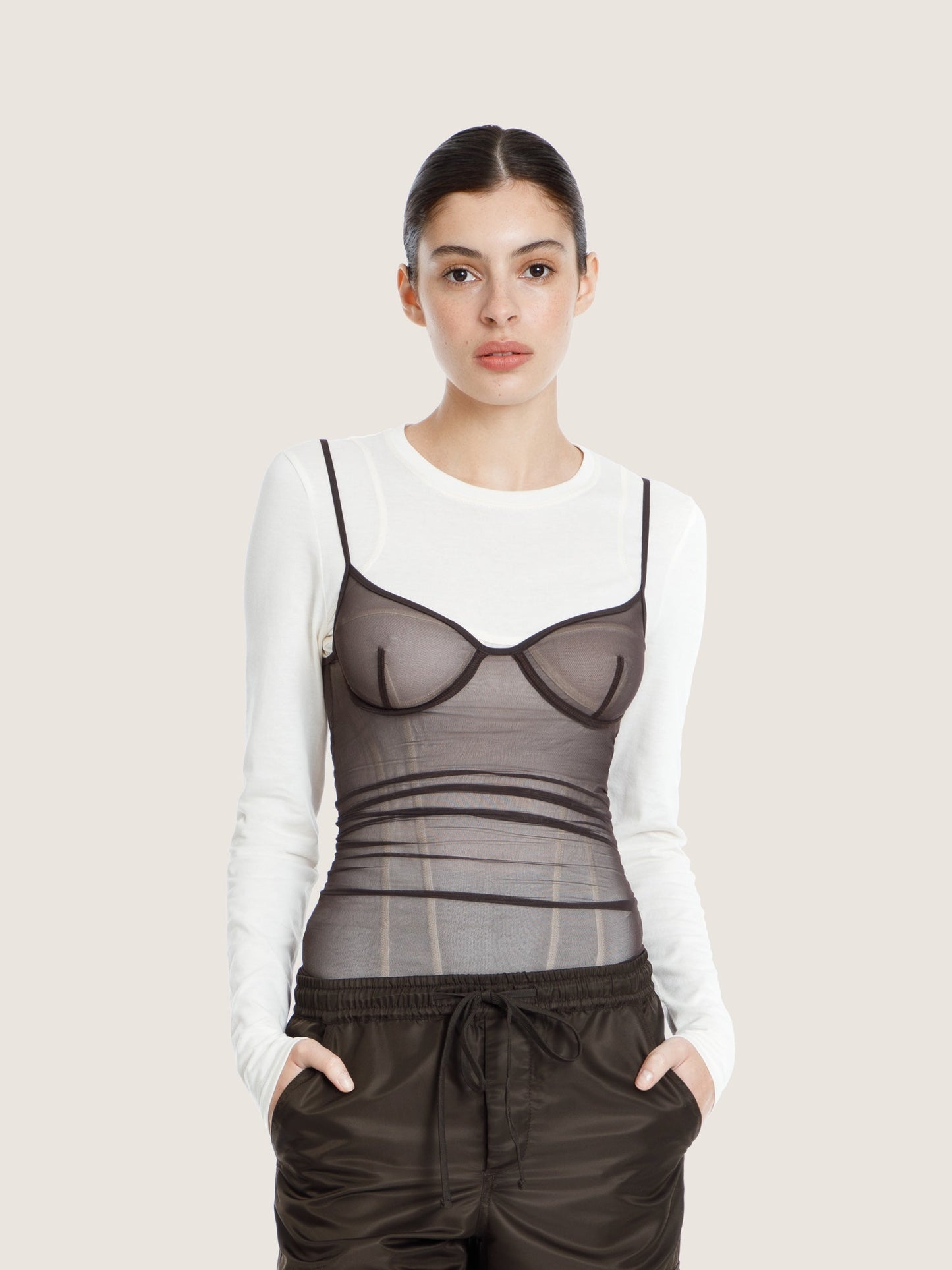 BROWN TULLE LINGERIE TANK TOP