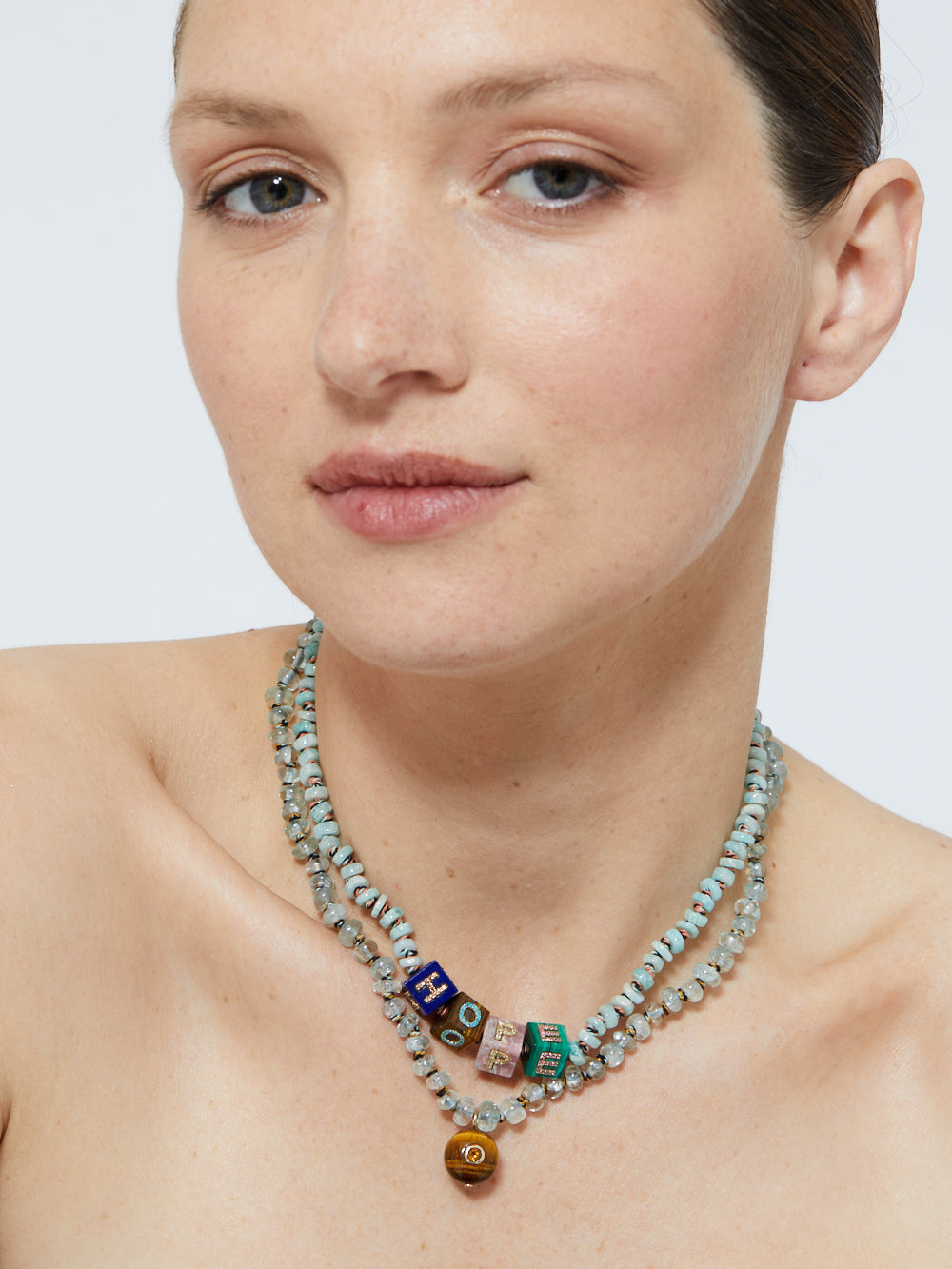 AQUAMARINE AND TIGER'S EYE PEARL NECKLACE