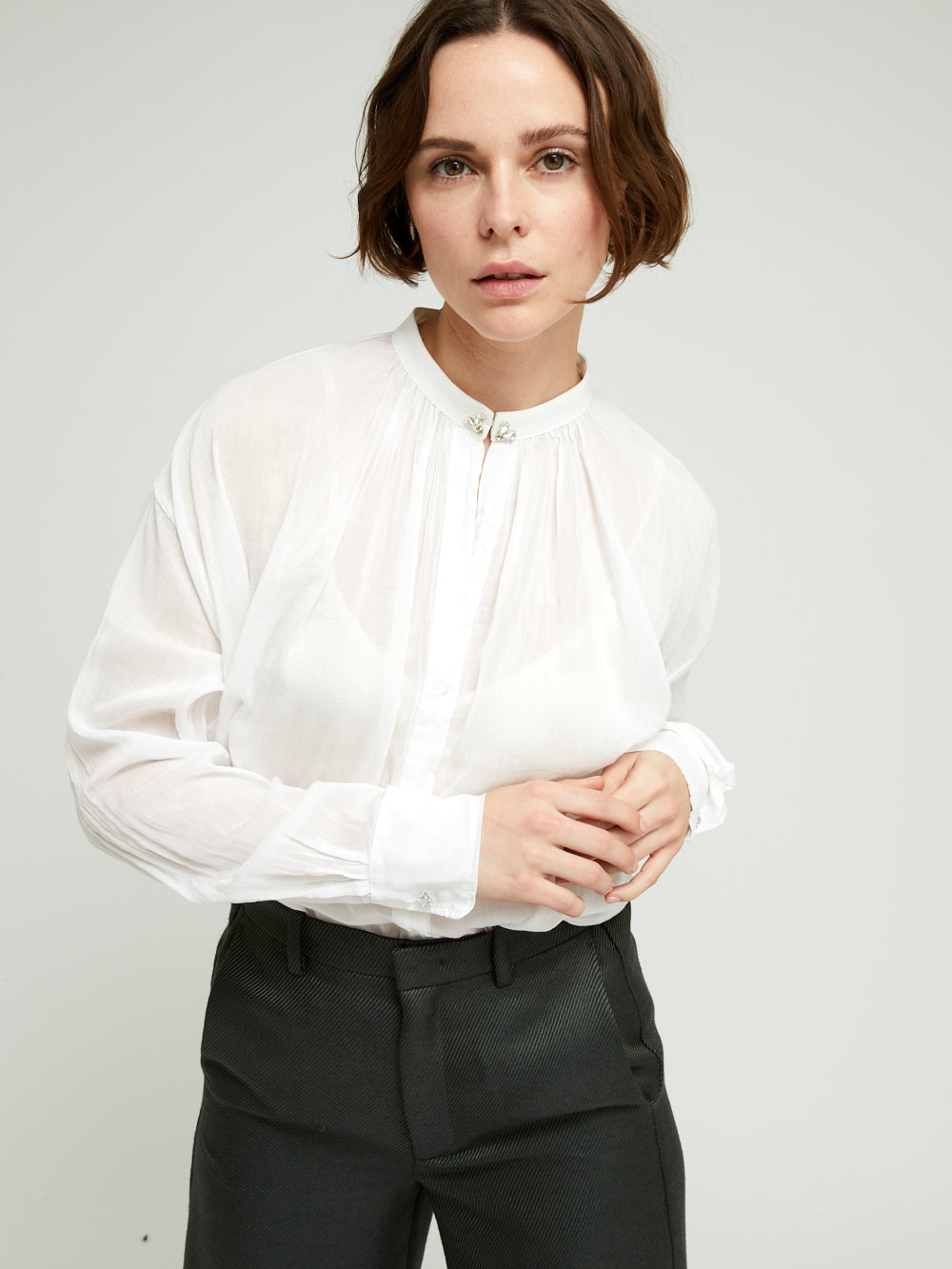WHITE RHINESTONE BOHEMIAN VOILE SHIRT
