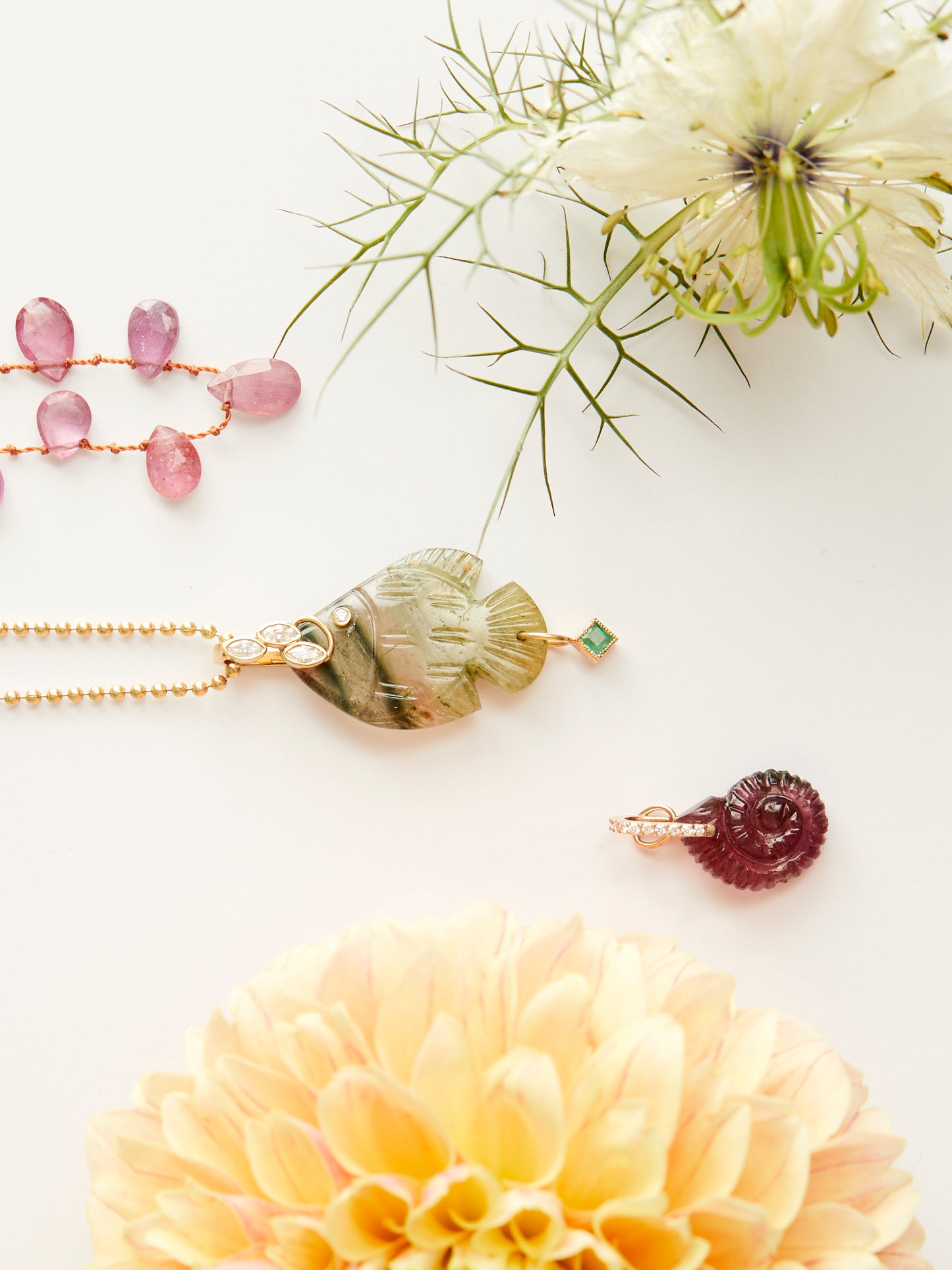 TOURMALINE FISH PENDANT AND EMERALD