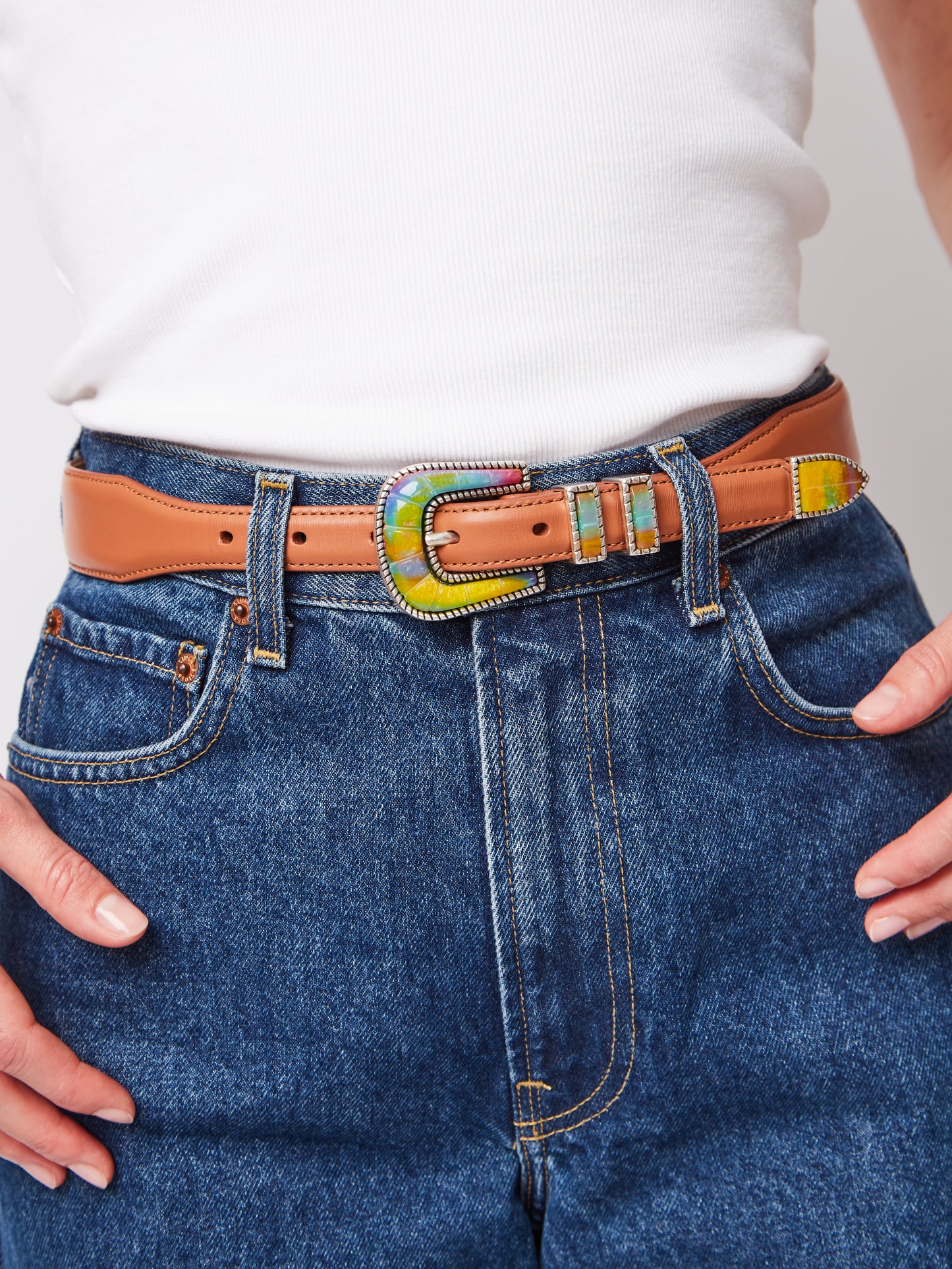 CEINTURE EXCLU CRAZY ARGENT & TAN