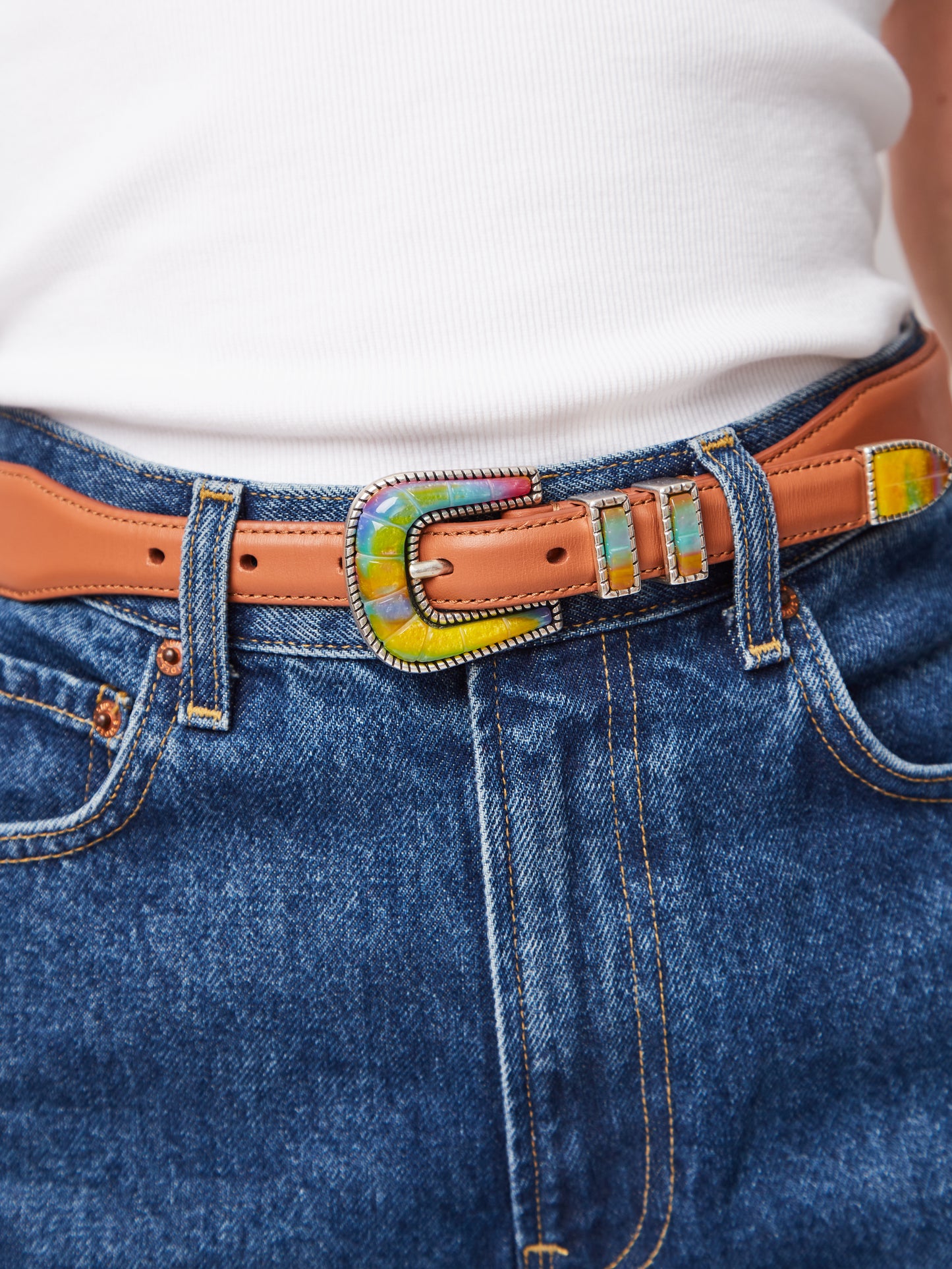 CEINTURE EXCLU CRAZY ARGENT & TAN