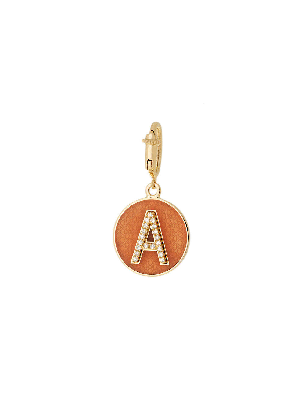 LETTER A CHARM IN YELLOW GOLD, DIAMONDS AND ORANGE ENAMEL
