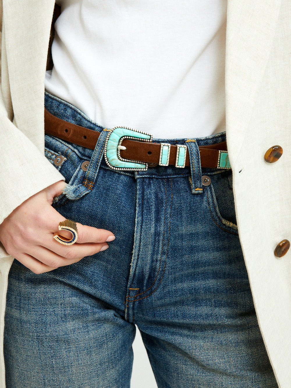 CRAZY BELT IN SOFT BROWN TURQUOISE LEATHER