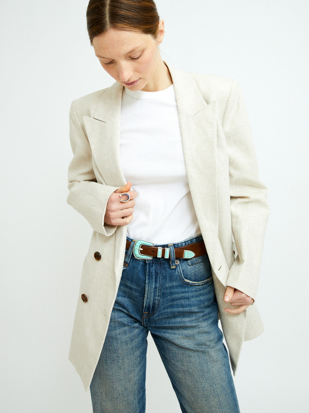 CRAZY BELT IN SOFT BROWN TURQUOISE LEATHER