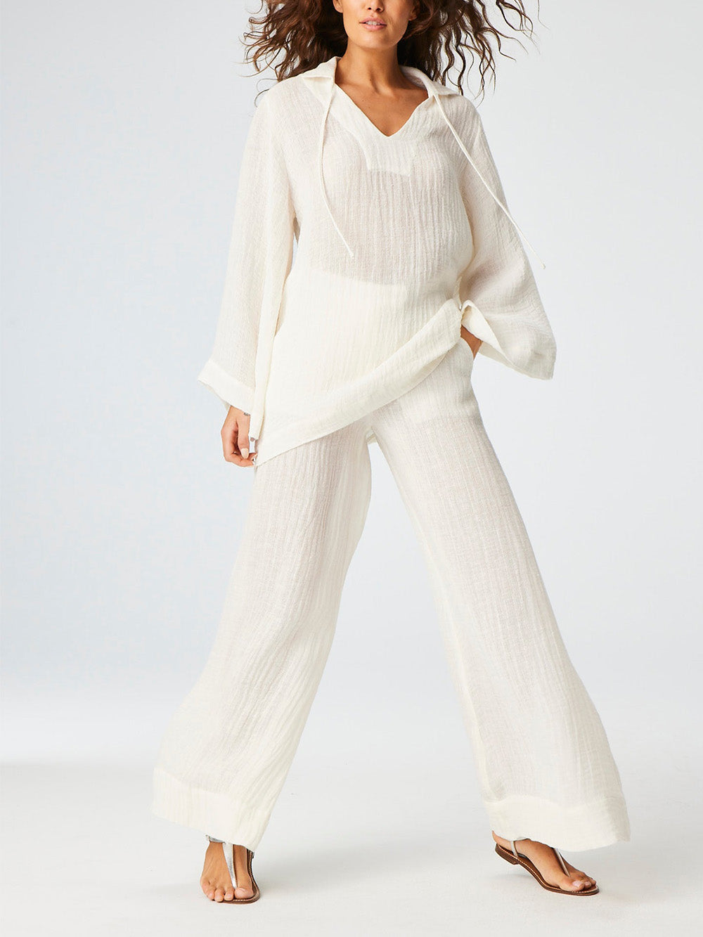 WIDE LEG PANTS IN GAUZE LINEN