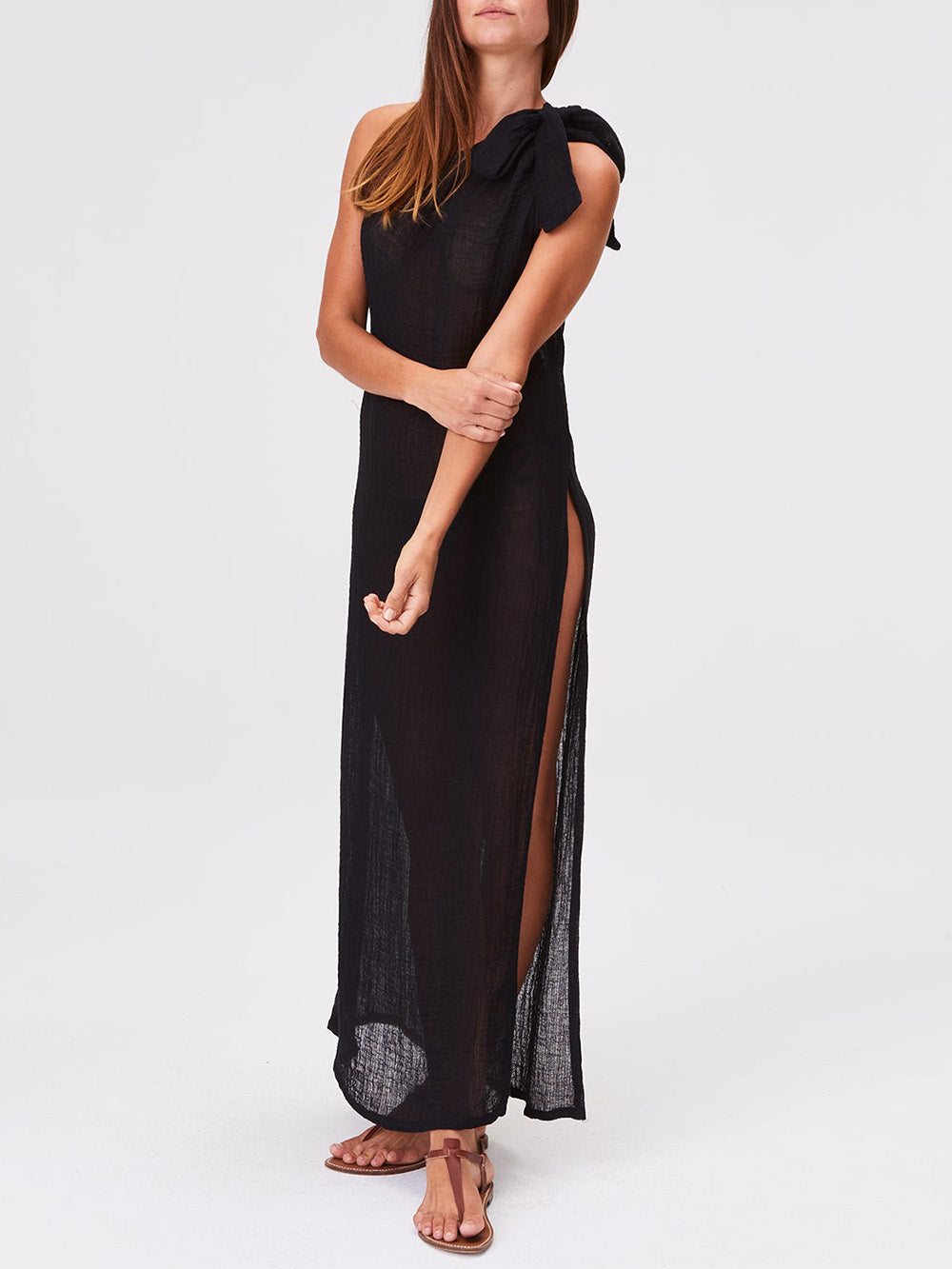 BLACK LINEN GAUZE SARONG DRESS