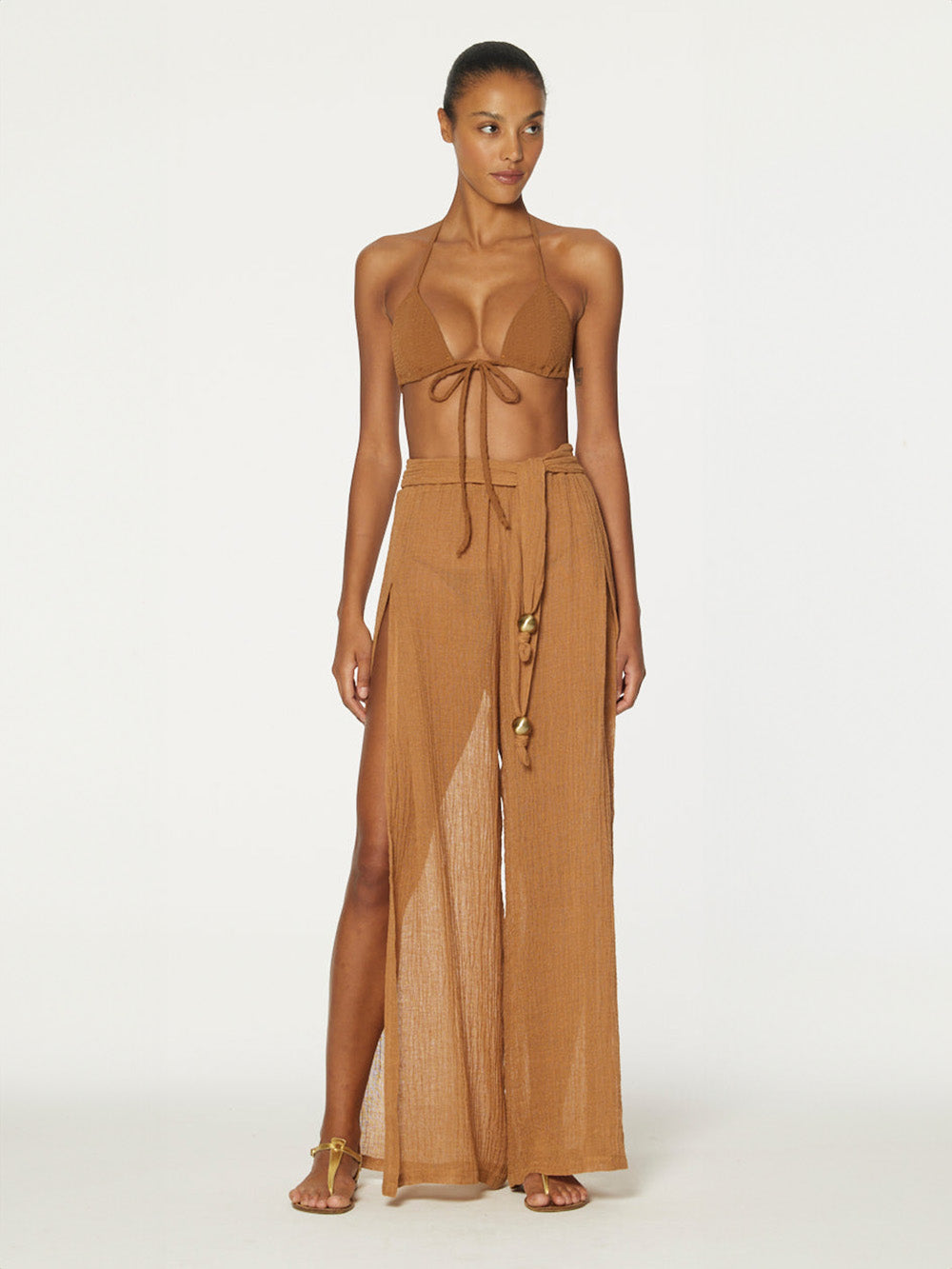 CARAMEL OPEN-LEG PANTS