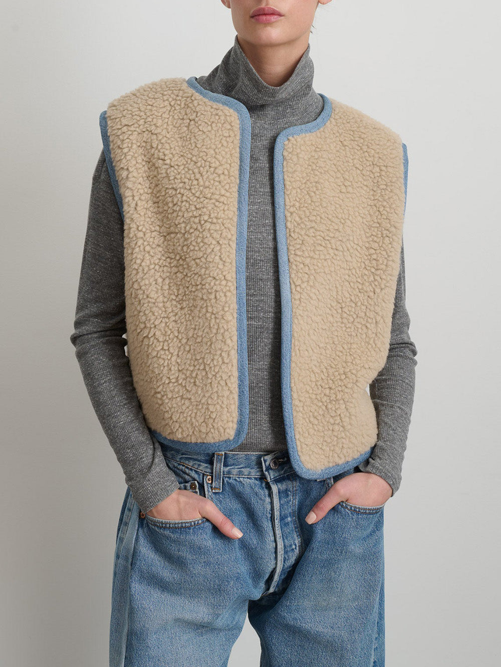 VESTE REVERSIBLE REWORKED VINTAGE DENIM-OATMEAL SHERPA