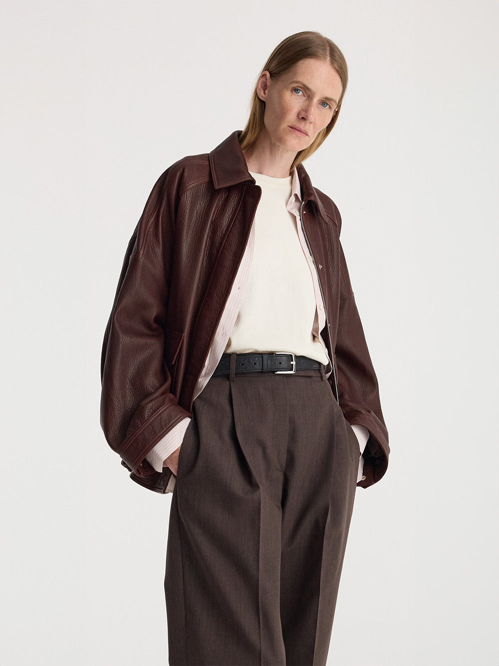 AVIATOR JACKET IN GRAINED CHESTNUT LEATHER