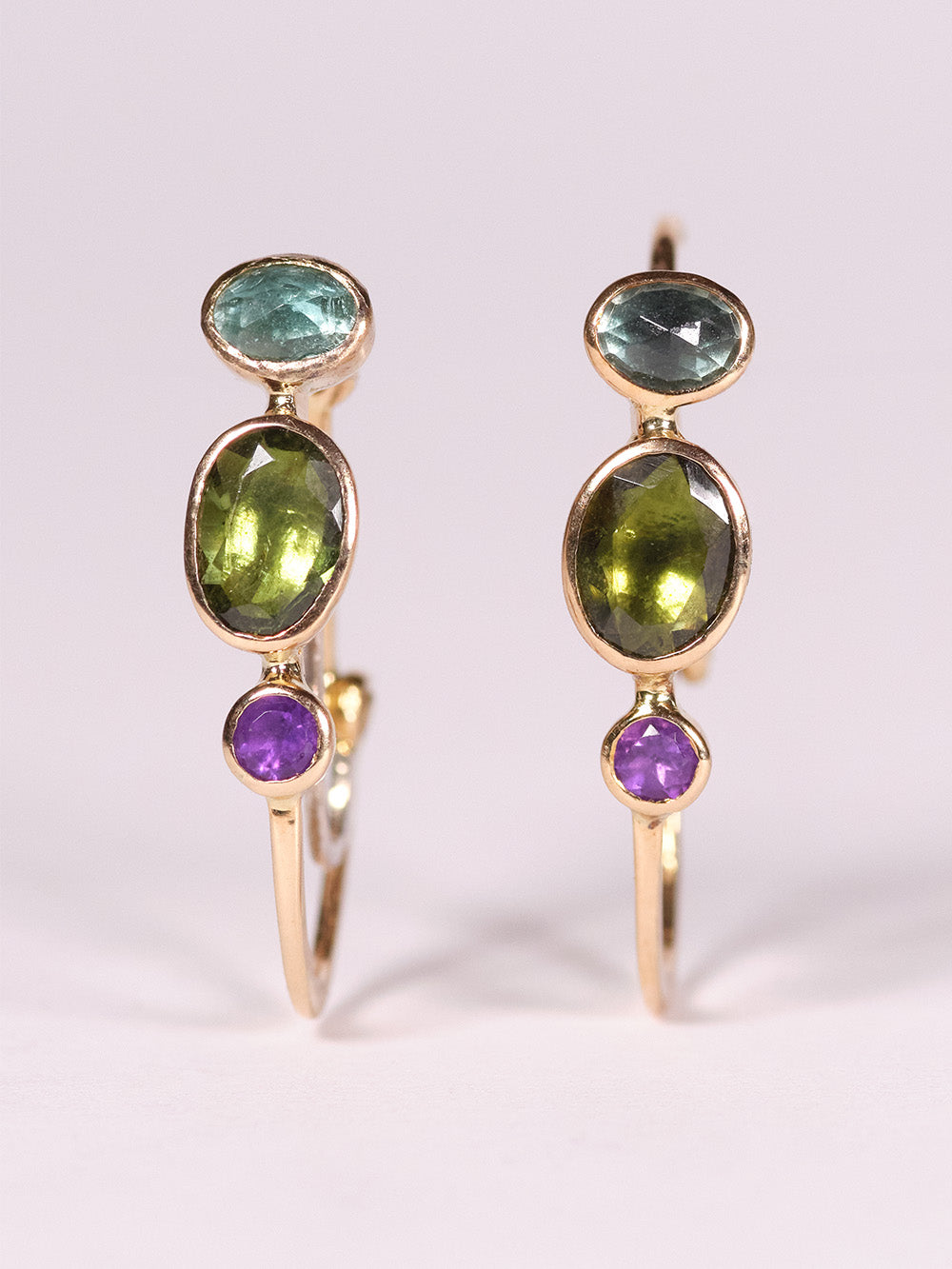 BOUCLES D'OREILLES POISSARDES TOURMALINE ET AMÉTHYSTES