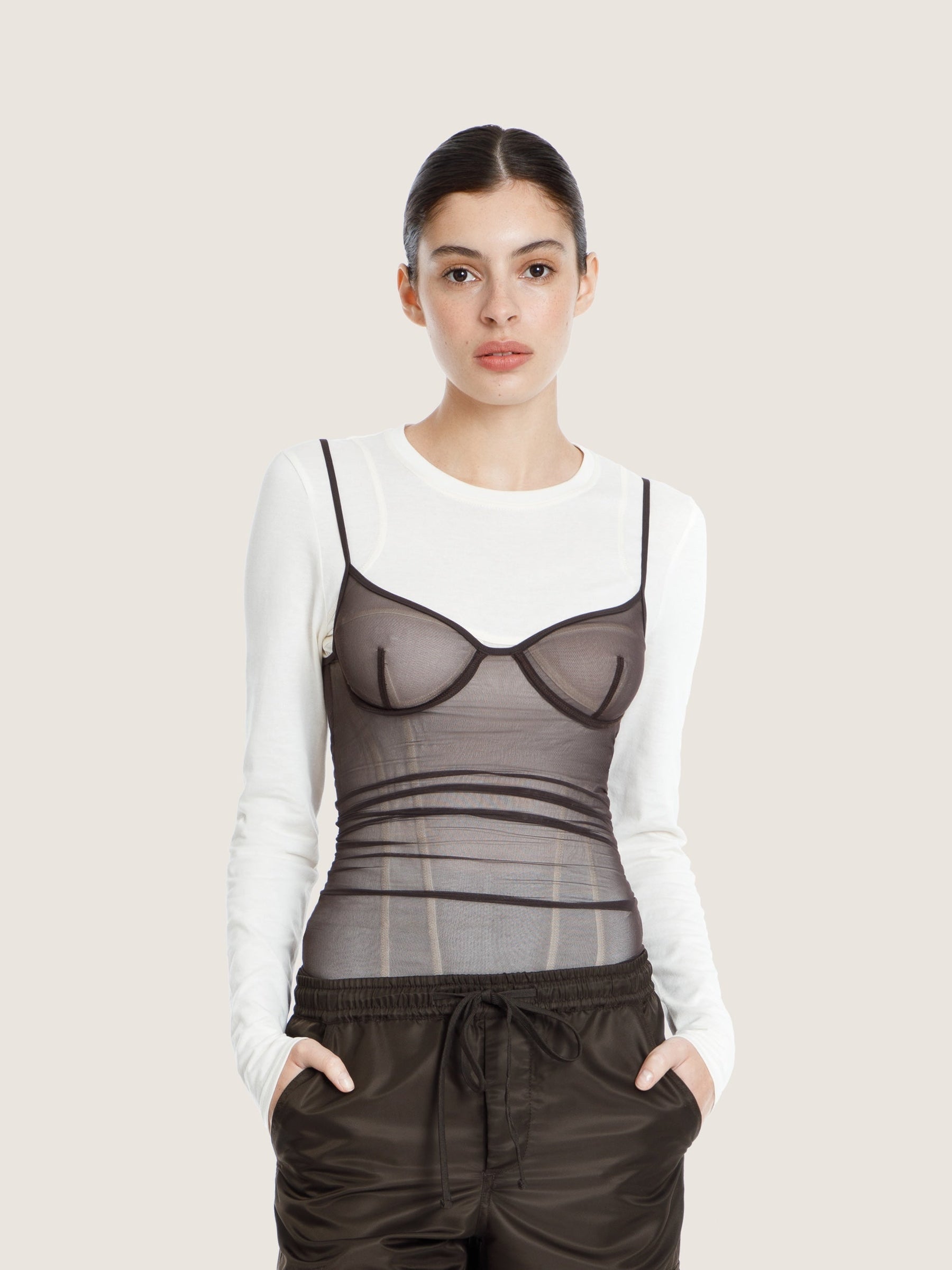 BROWN TULLE LINGERIE TANK TOP