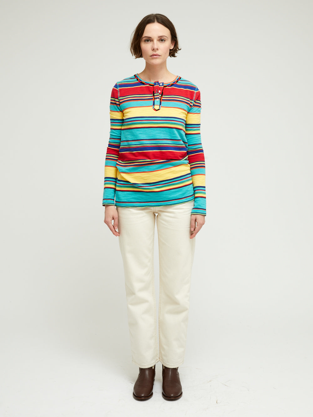 YELLOW, TURQUOISE AND RED STRIPED SKIN T-SHIRT