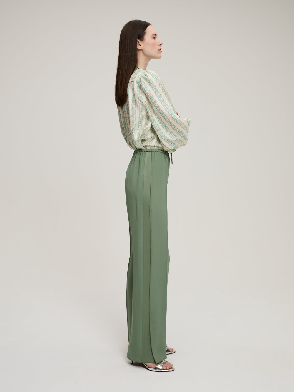 REVERSE SATIN KHAKI TROUSERS