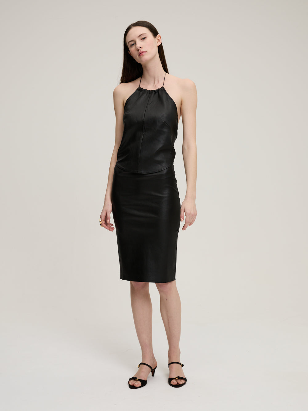 stouls leather dress Stouls Eva Paneled Lambskin Leather Midi Dress In Black - 50% Off