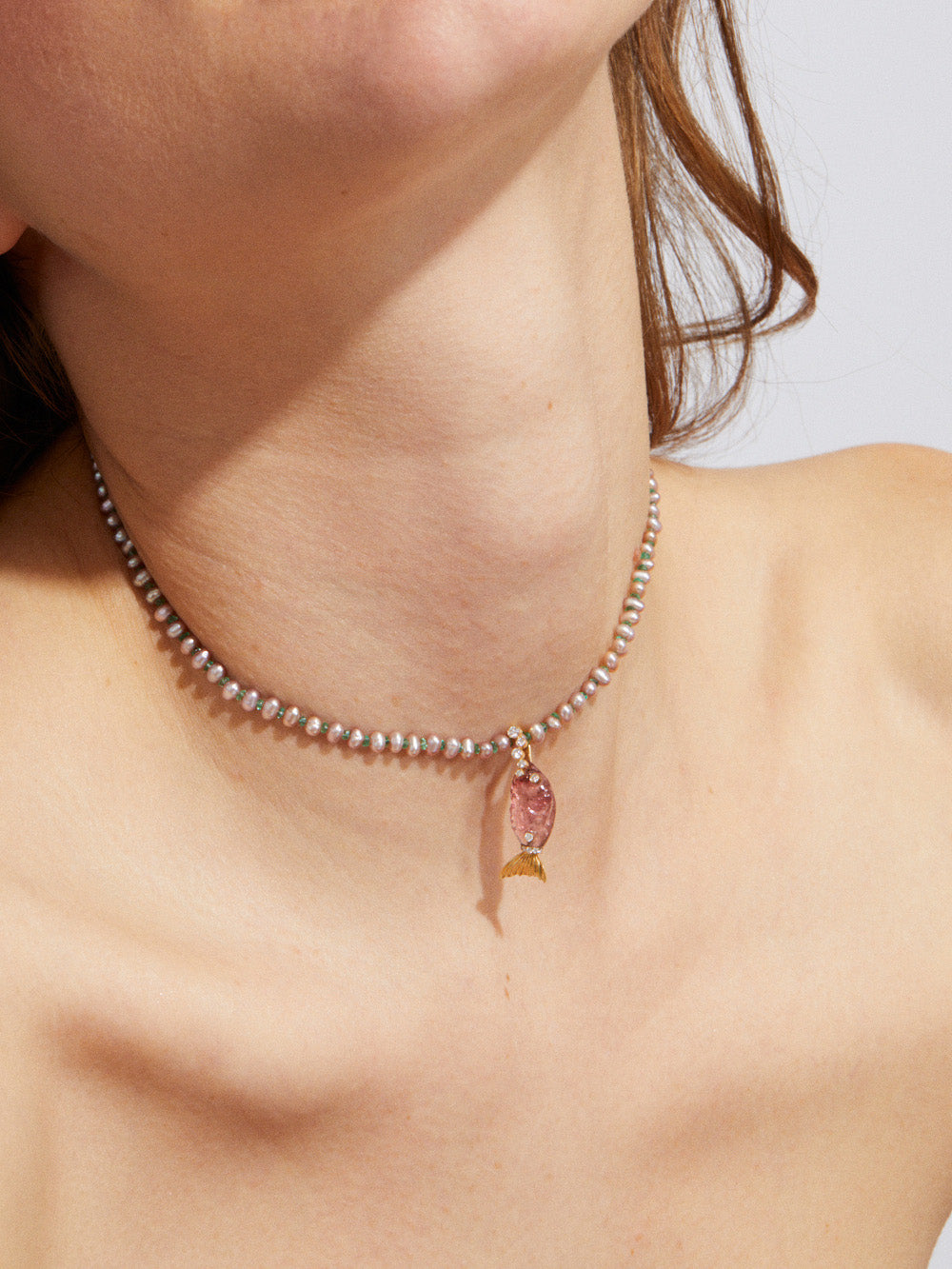 WATER PEARL, TOURMALINE, EMERALD AND DIAMOND NECKLACE