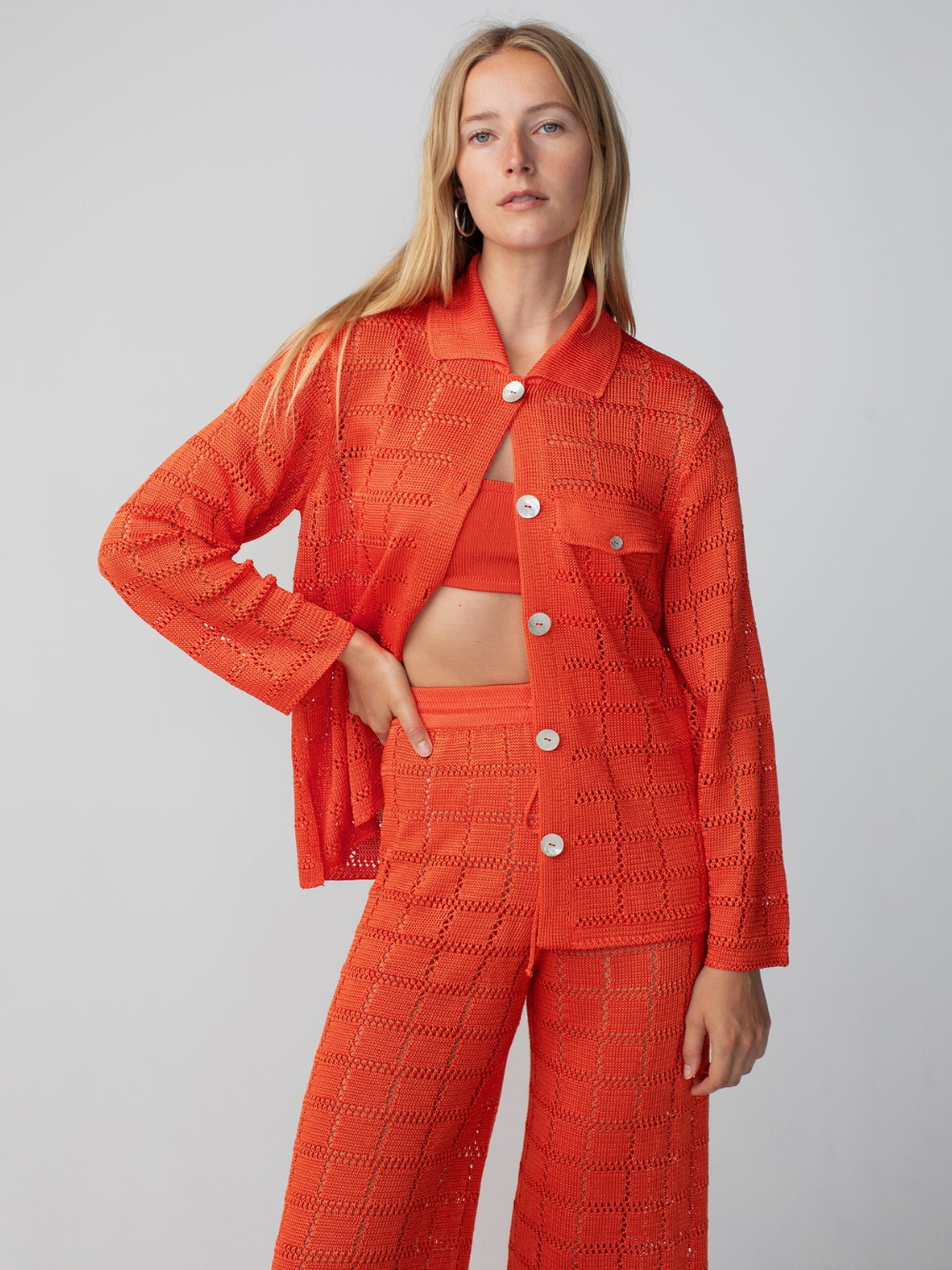 Tomato Red Long Sleeve Patchwork Shirt
