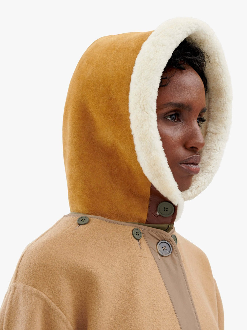 TAN LEATHER SHEARLING HOOD