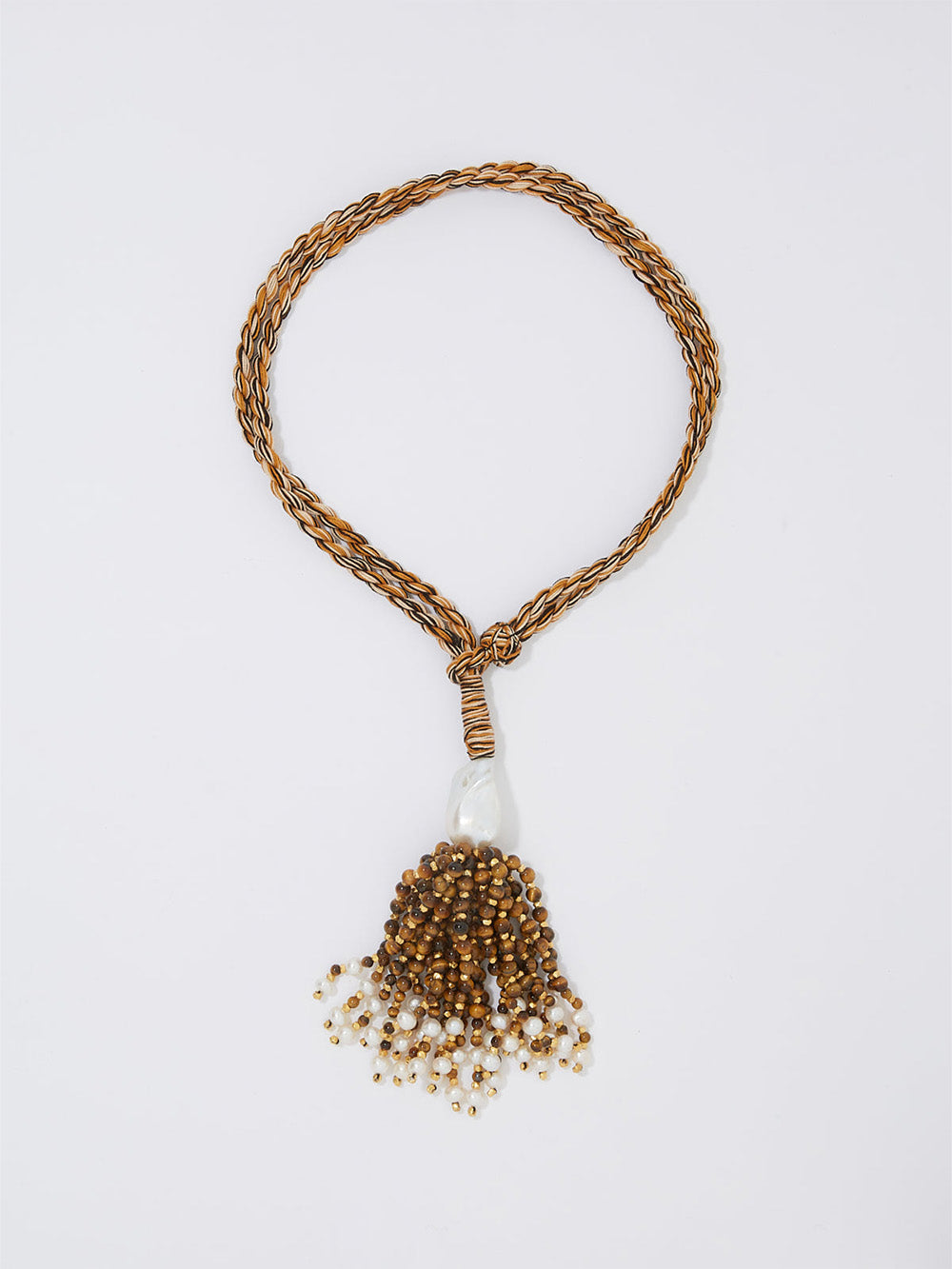 CAMEL TIGER EYE POMPOM NECKLACE