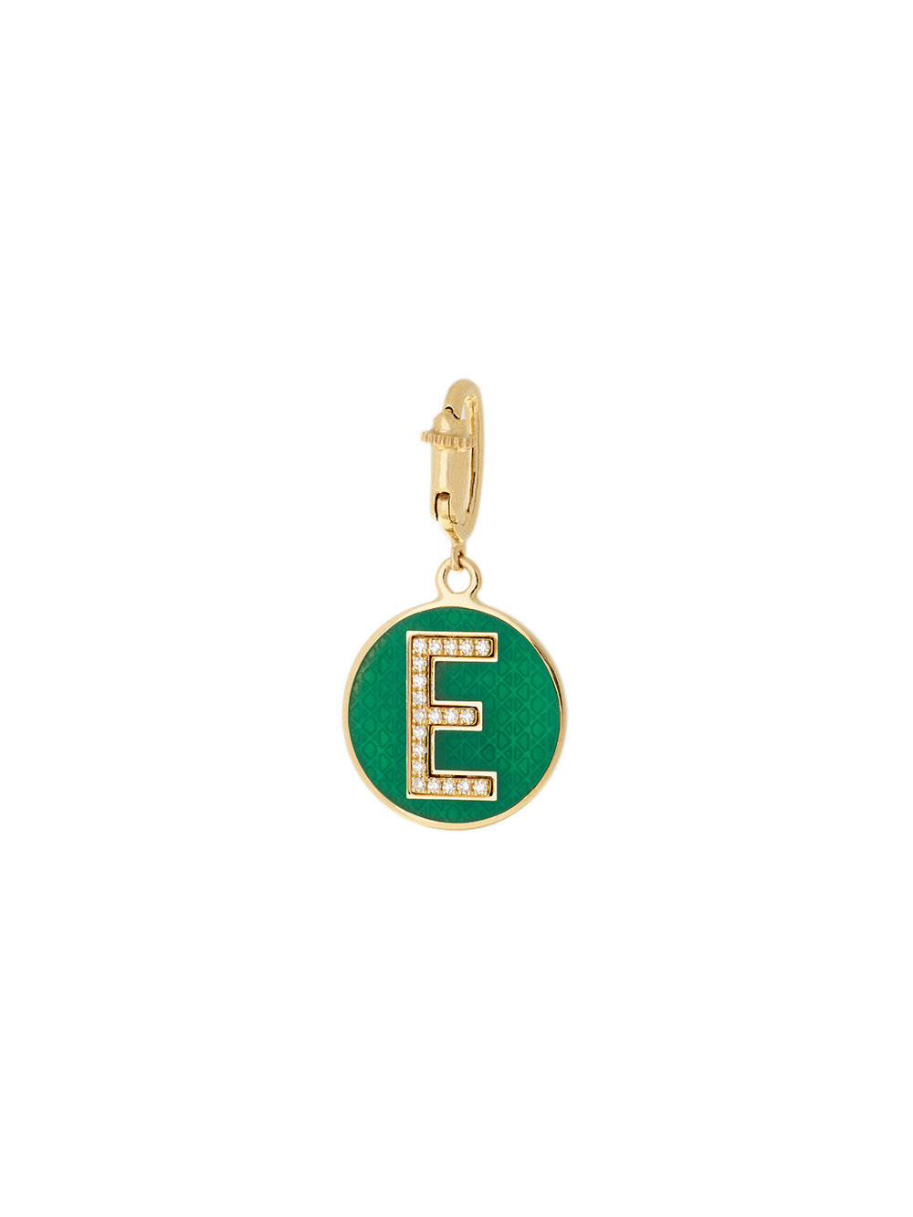 CHARM LETTER E YELLOW GOLD, DIAMONDS AND GREEN ENAMEL
