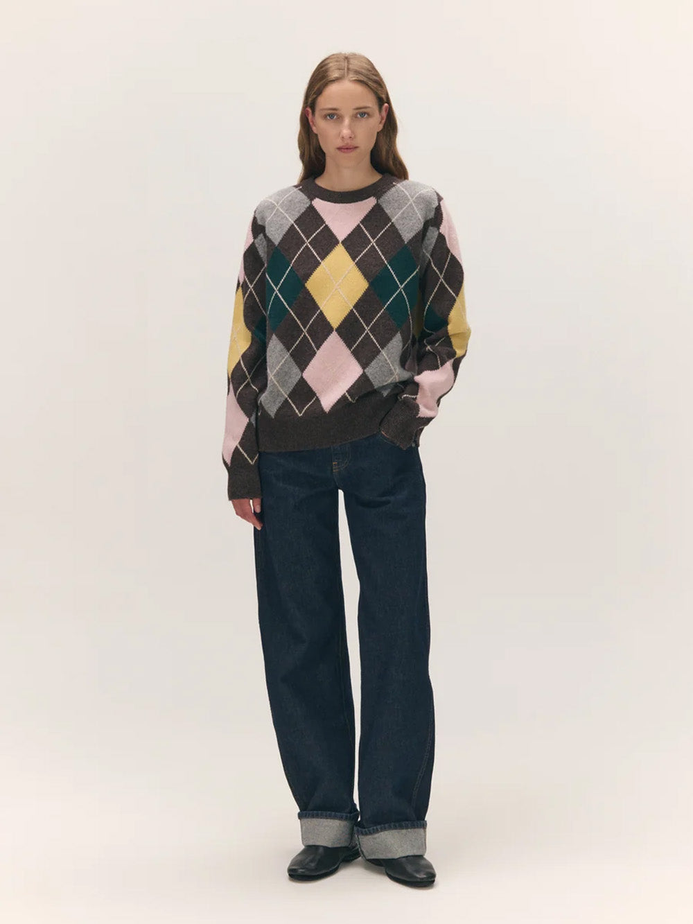 AVA ARGYLE ROUND NECK SWEATER