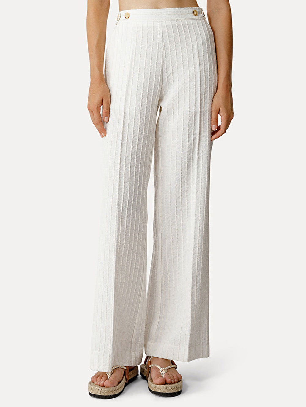 IVORY COTTON AND LINEN FLARE PANTS