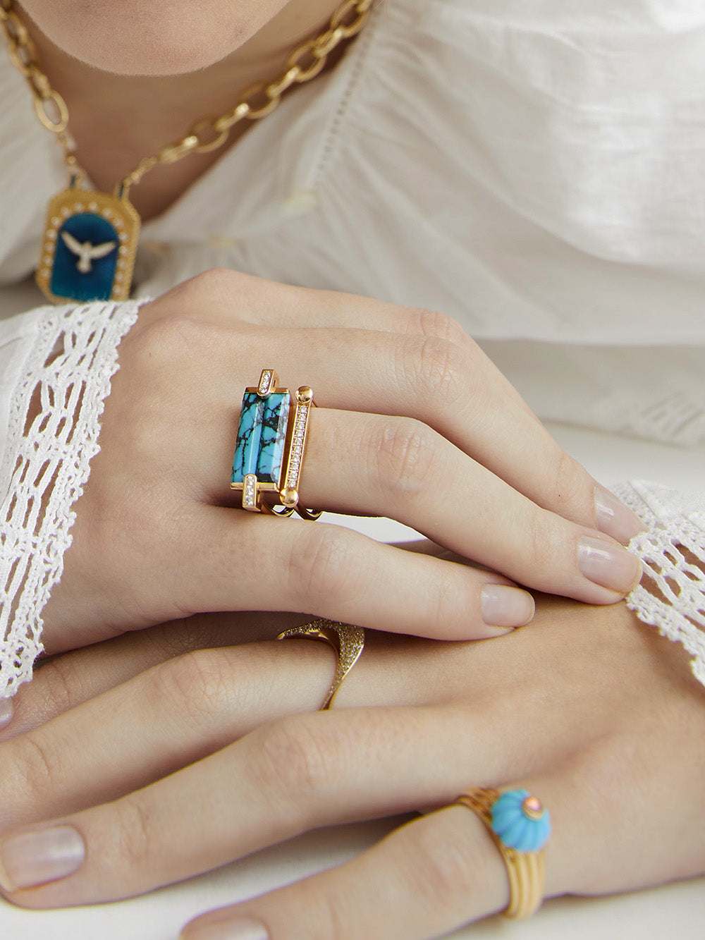 GELATO YELLOW GOLD TURQUOISE AND TOURMALINE RING