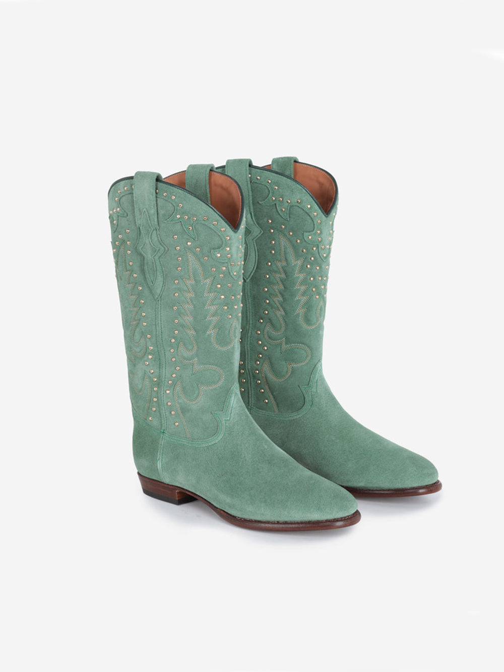 BOTTES SANTIAG STUDS EN SUEDE VERT MENTHE