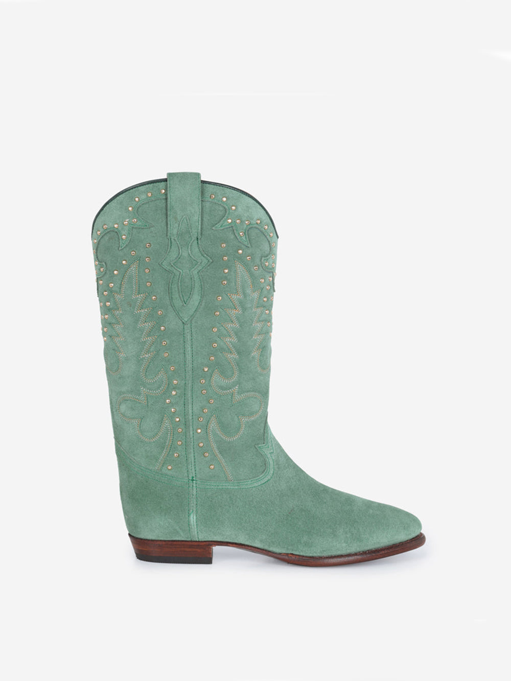 BOTTES SANTIAG STUDS EN SUEDE VERT MENTHE