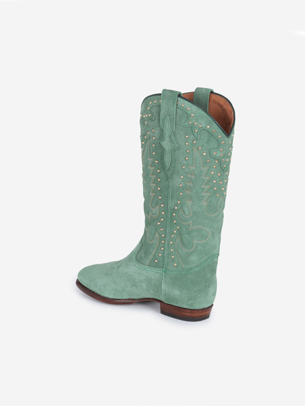 BOTTES SANTIAG STUDS EN SUEDE VERT MENTHE